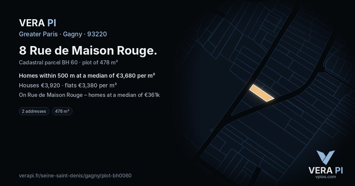 8 Rue de Maison Rouge, Gagny at night – the plot lit, the parcels around coloured by the prices near them