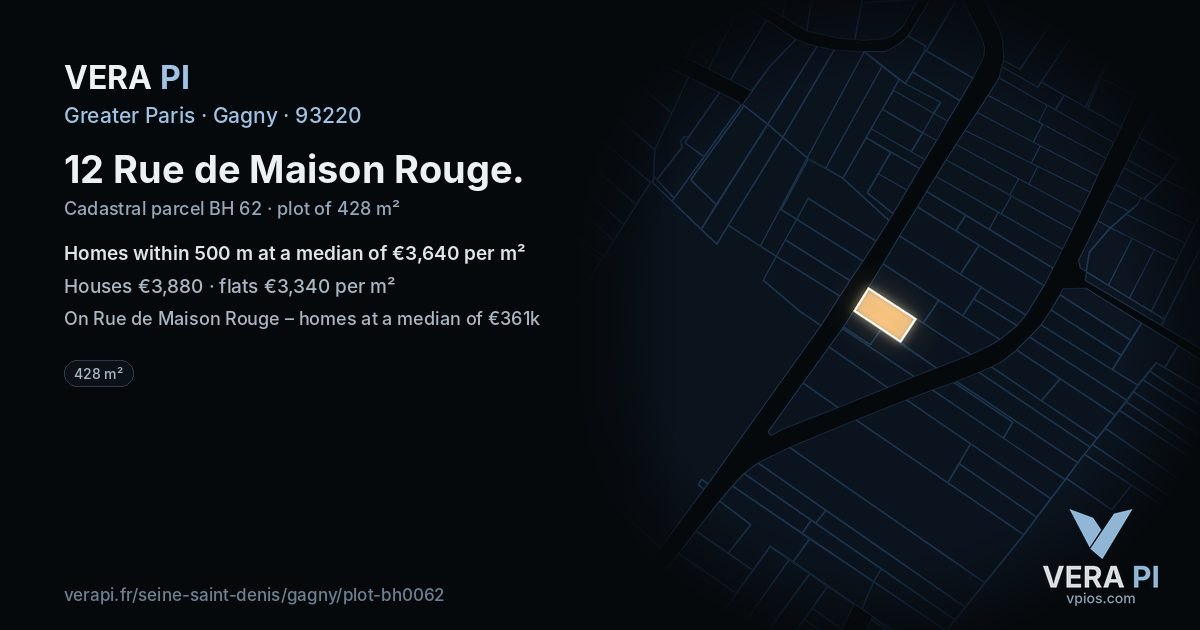 12 Rue de Maison Rouge, Gagny at night – the plot lit, the parcels around coloured by the prices near them