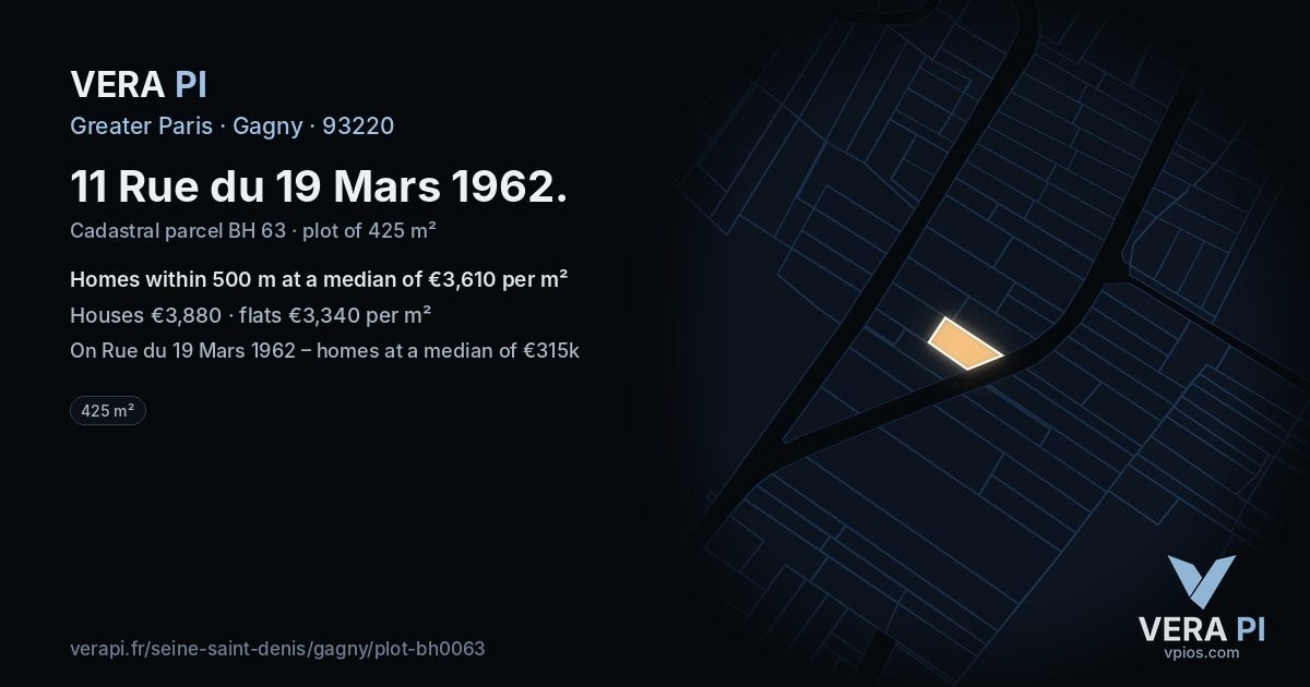 11 Rue du 19 Mars 1962, Gagny at night – the plot lit, the parcels around coloured by the prices near them