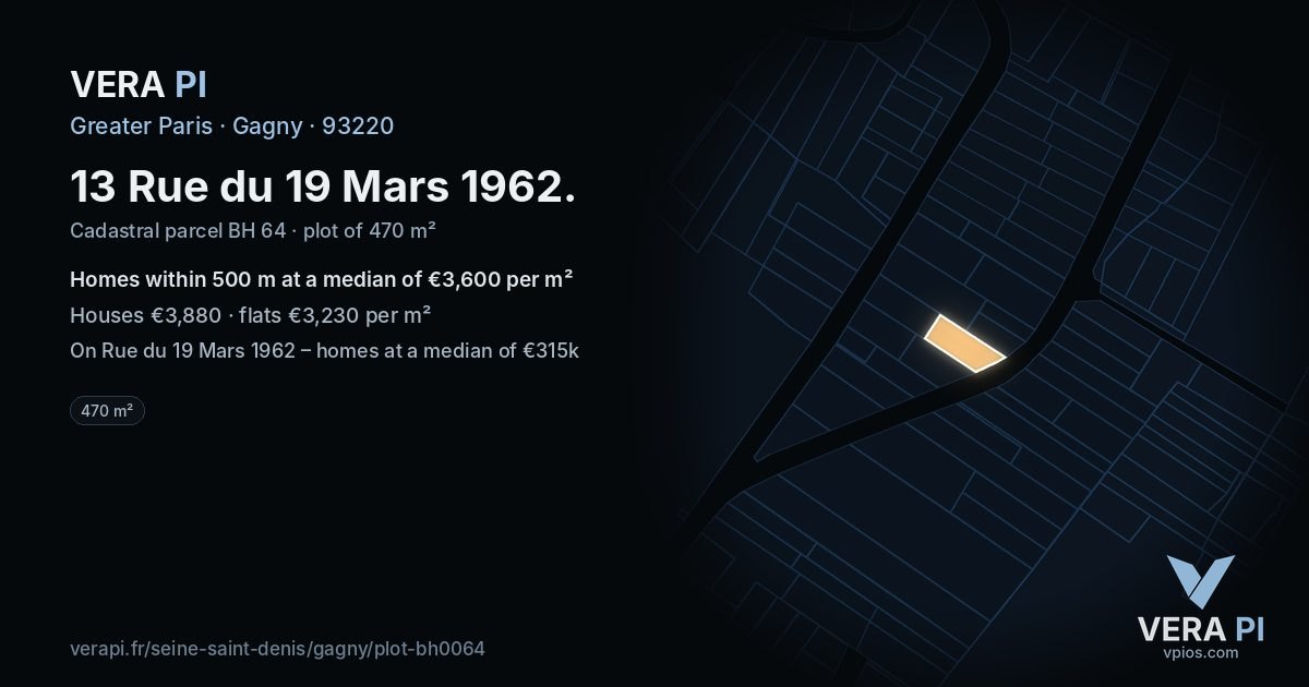 13 Rue du 19 Mars 1962, Gagny at night – the plot lit, the parcels around coloured by the prices near them
