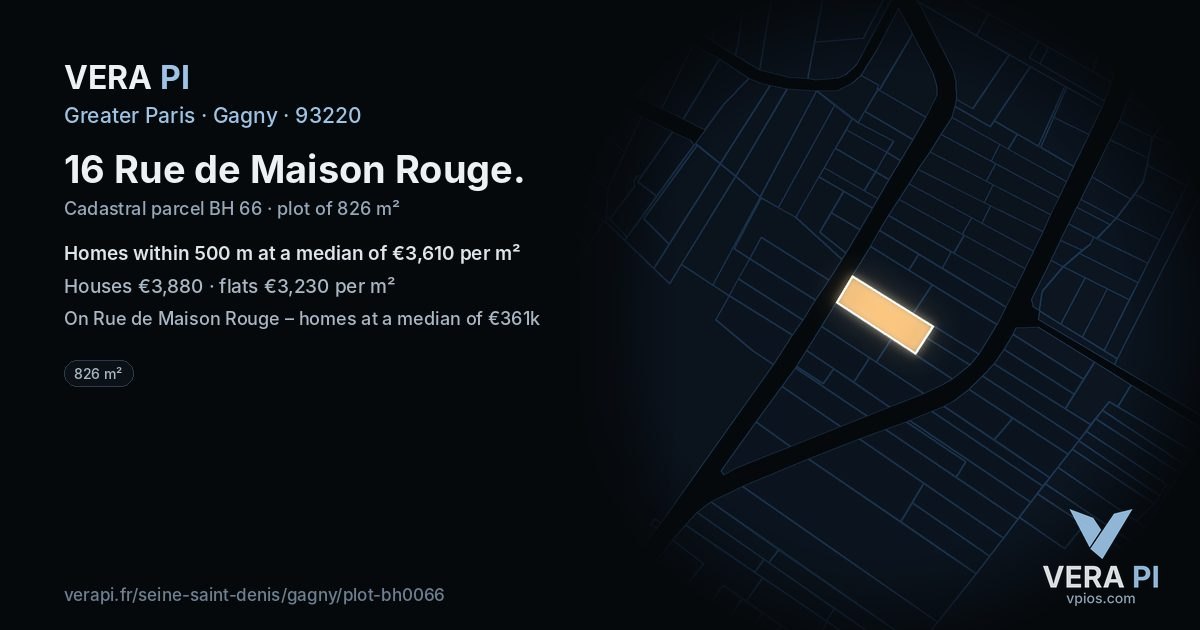 16 Rue de Maison Rouge, Gagny at night – the plot lit, the parcels around coloured by the prices near them