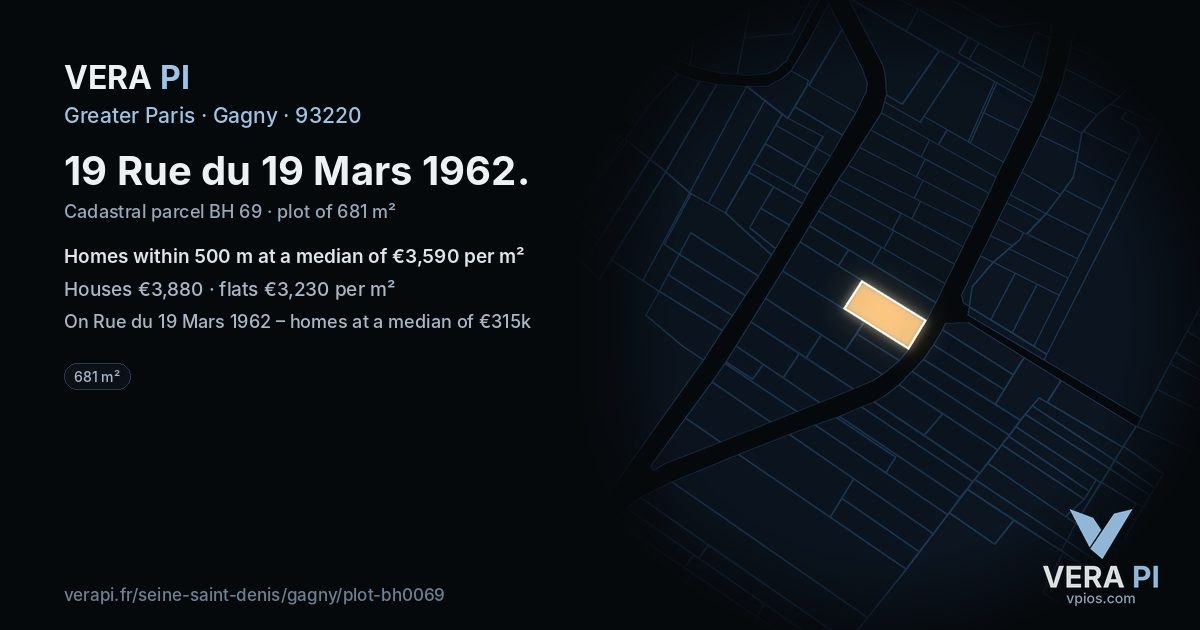 19 Rue du 19 Mars 1962, Gagny at night – the plot lit, the parcels around coloured by the prices near them