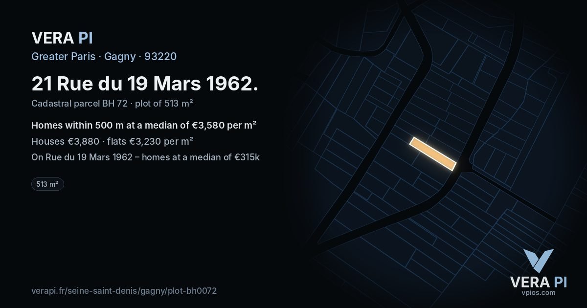 21 Rue du 19 Mars 1962, Gagny at night – the plot lit, the parcels around coloured by the prices near them