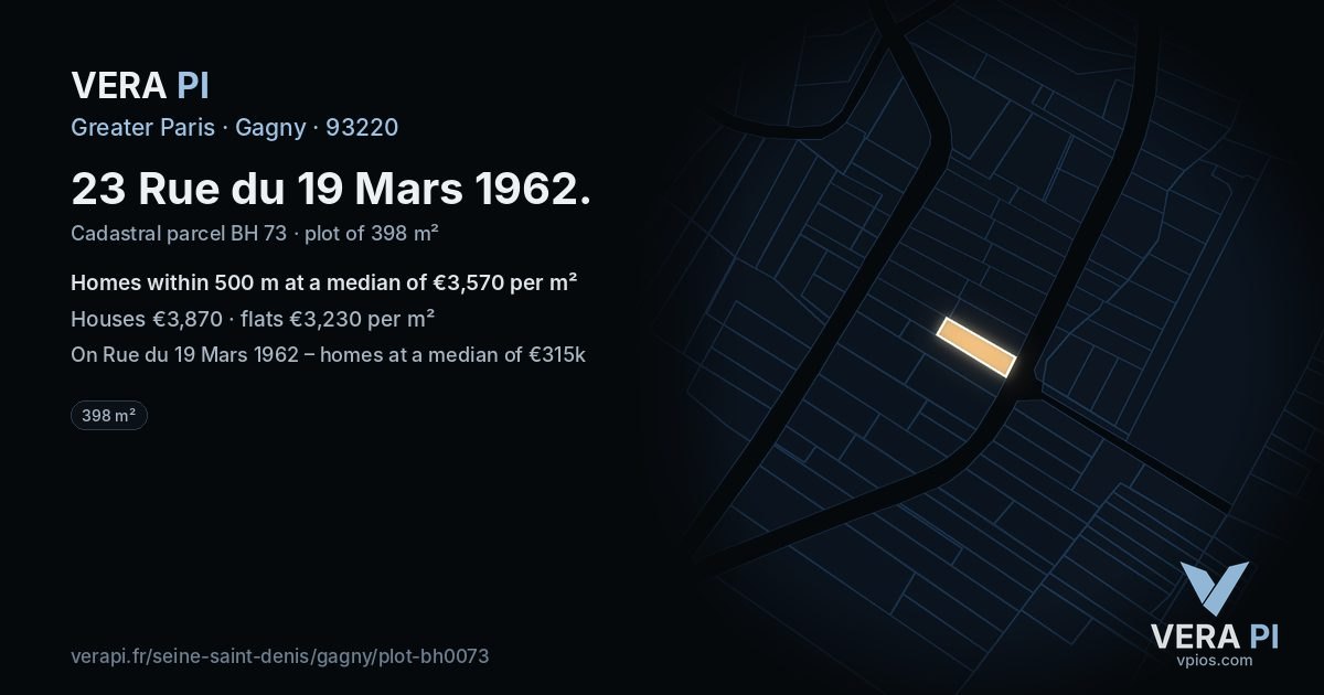 23 Rue du 19 Mars 1962, Gagny at night – the plot lit, the parcels around coloured by the prices near them