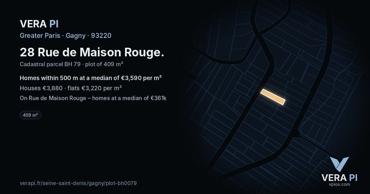 28 Rue de Maison Rouge, Gagny at night – the plot lit, the parcels around coloured by the prices near them