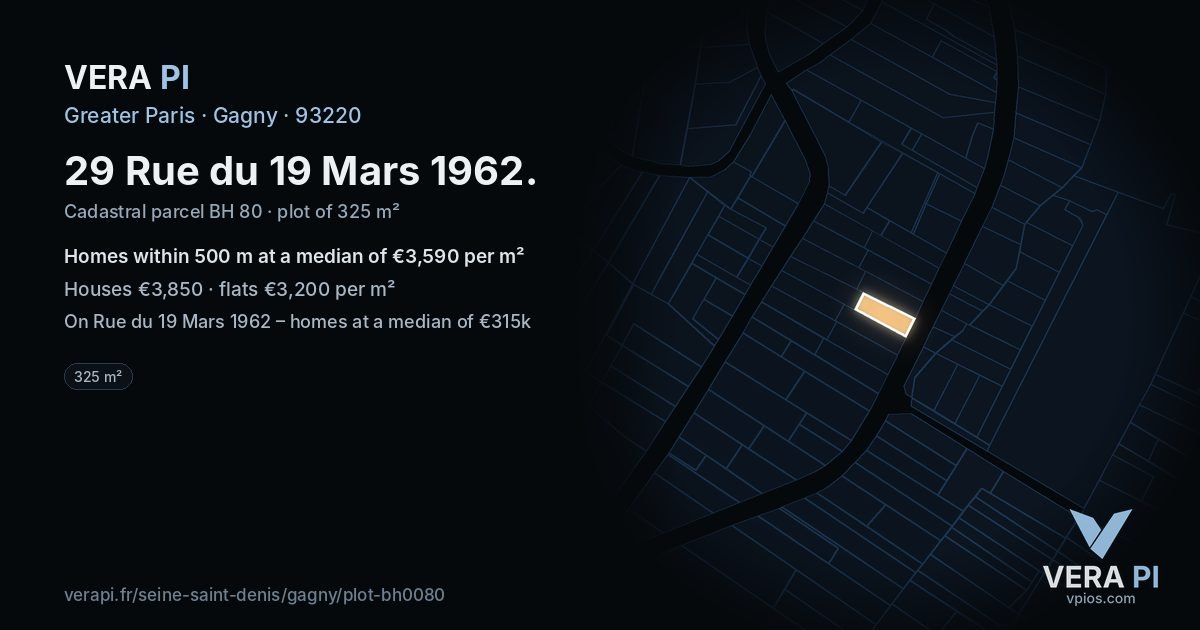 29 Rue du 19 Mars 1962, Gagny at night – the plot lit, the parcels around coloured by the prices near them