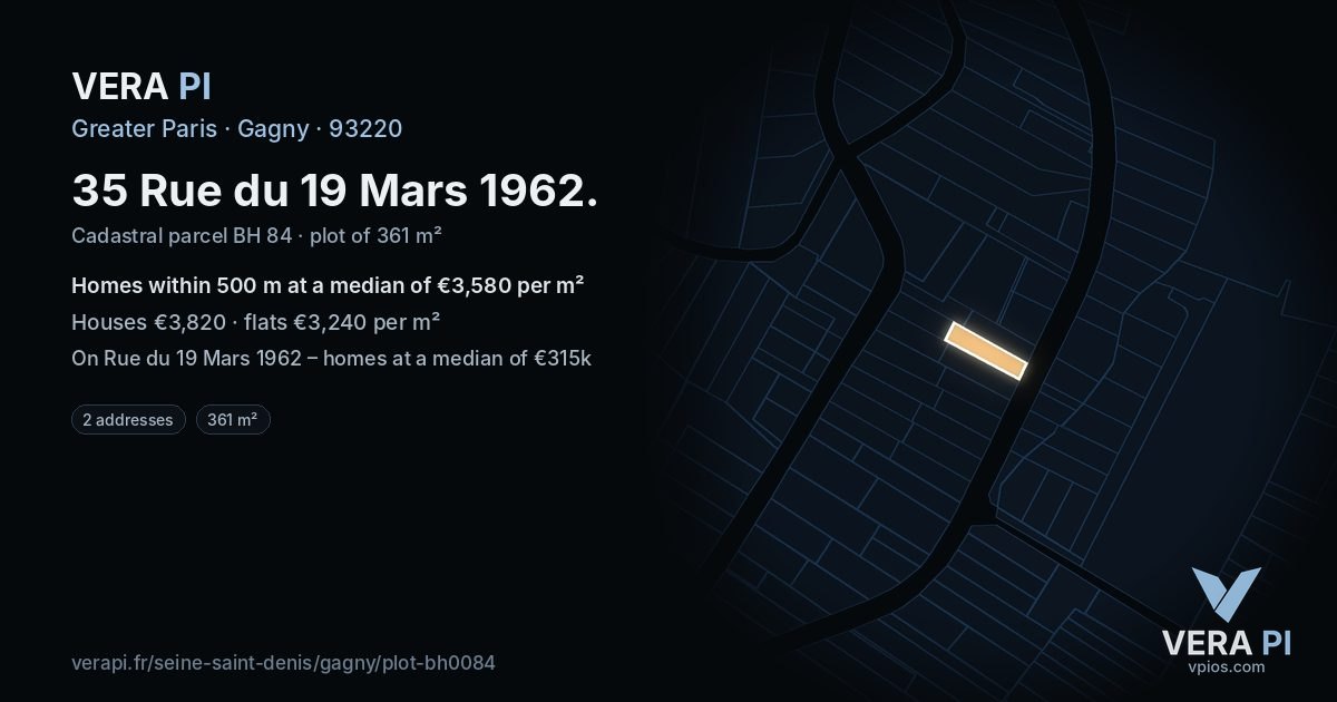 35 Rue du 19 Mars 1962, Gagny at night – the plot lit, the parcels around coloured by the prices near them