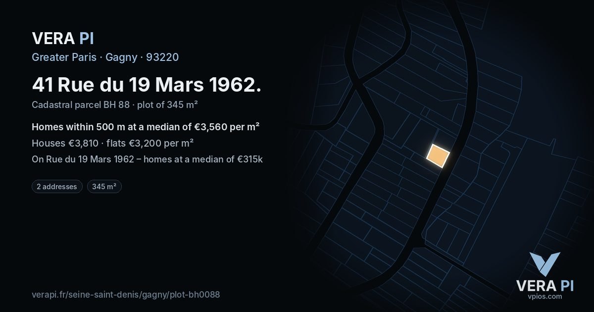 41 Rue du 19 Mars 1962, Gagny at night – the plot lit, the parcels around coloured by the prices near them