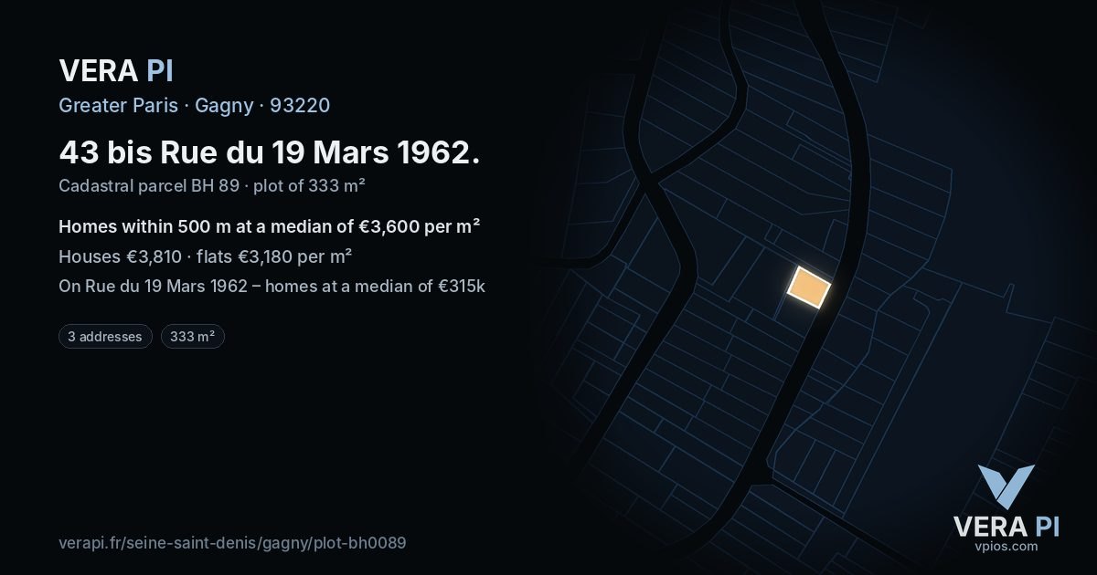 43 bis Rue du 19 Mars 1962, Gagny at night – the plot lit, the parcels around coloured by the prices near them