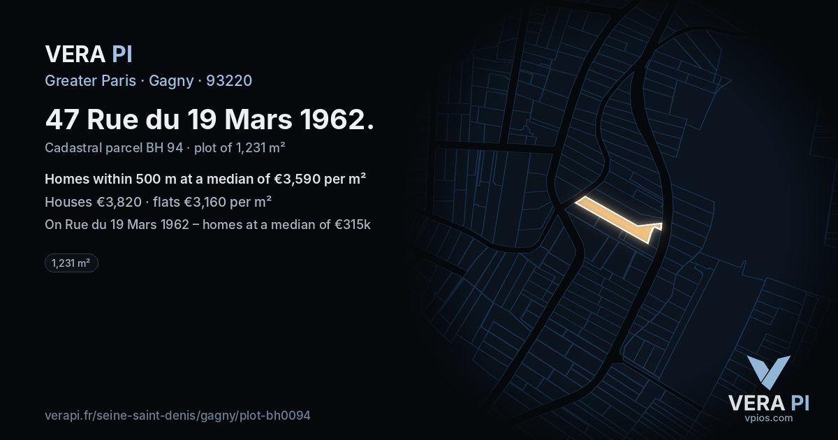 47 Rue du 19 Mars 1962, Gagny at night – the plot lit, the parcels around coloured by the prices near them