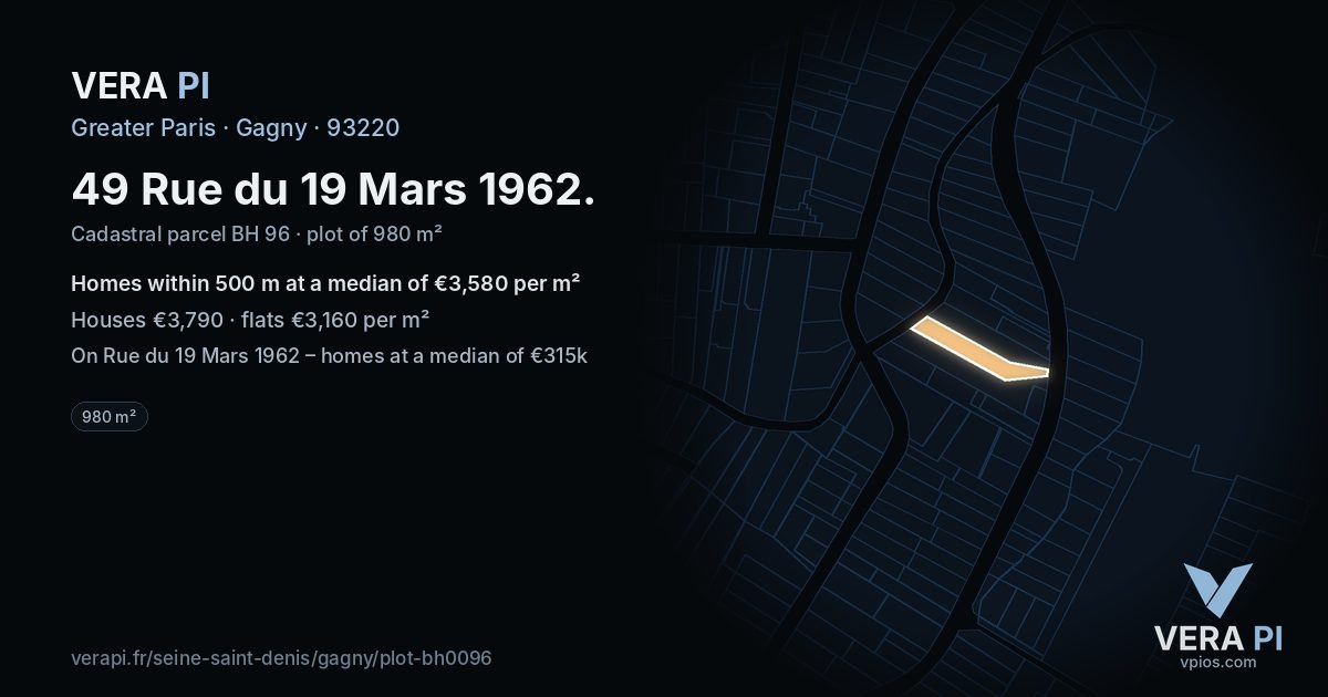 49 Rue du 19 Mars 1962, Gagny at night – the plot lit, the parcels around coloured by the prices near them