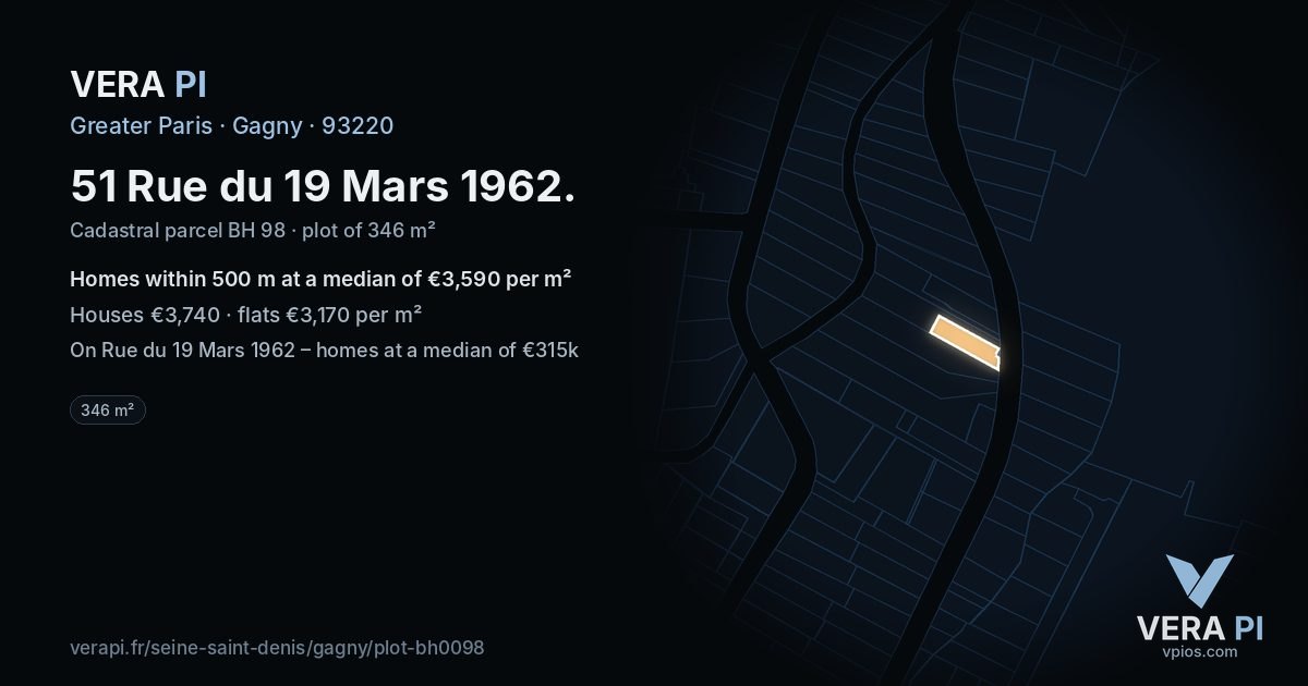 51 Rue du 19 Mars 1962, Gagny at night – the plot lit, the parcels around coloured by the prices near them