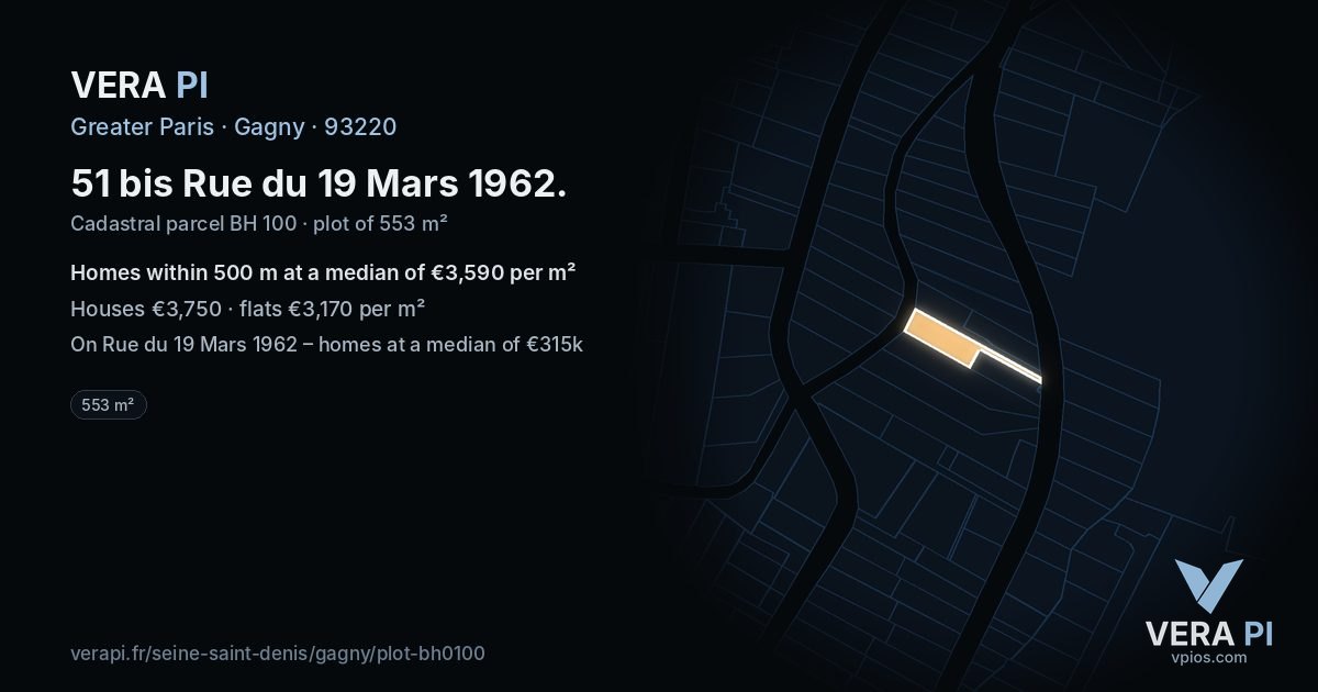 51 bis Rue du 19 Mars 1962, Gagny at night – the plot lit, the parcels around coloured by the prices near them