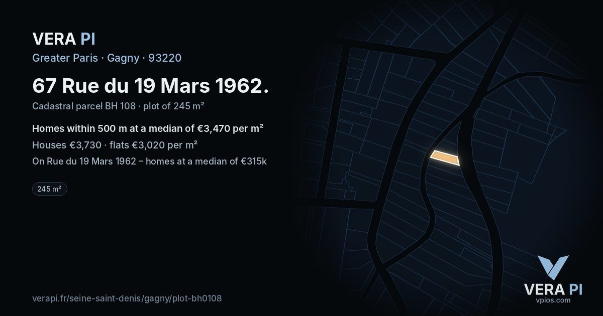 67 Rue du 19 Mars 1962, Gagny at night – the plot lit, the parcels around coloured by the prices near them