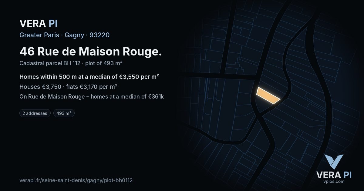 46 Rue de Maison Rouge, Gagny at night – the plot lit, the parcels around coloured by the prices near them