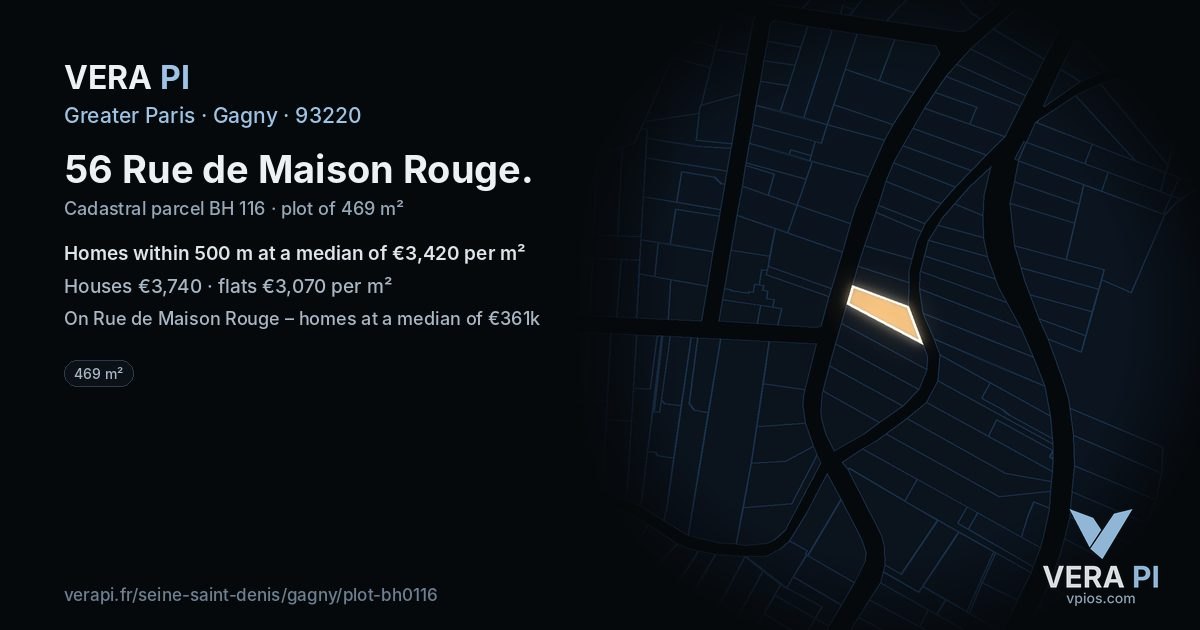 56 Rue de Maison Rouge, Gagny at night – the plot lit, the parcels around coloured by the prices near them