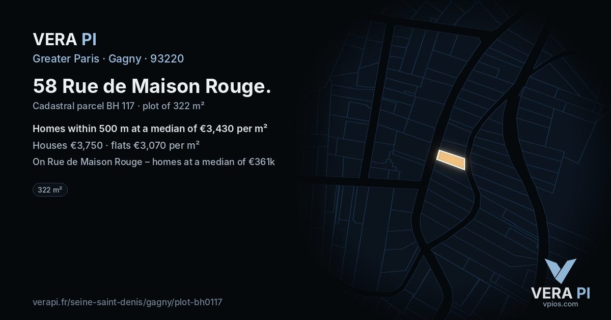 58 Rue de Maison Rouge, Gagny at night – the plot lit, the parcels around coloured by the prices near them