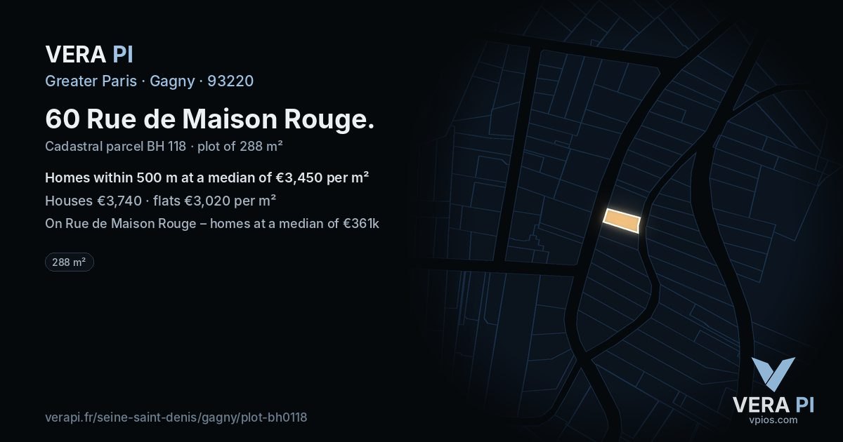 60 Rue de Maison Rouge, Gagny at night – the plot lit, the parcels around coloured by the prices near them