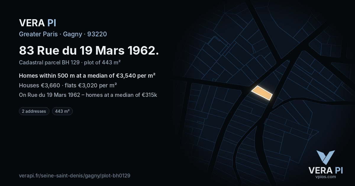 83 Rue du 19 Mars 1962, Gagny at night – the plot lit, the parcels around coloured by the prices near them