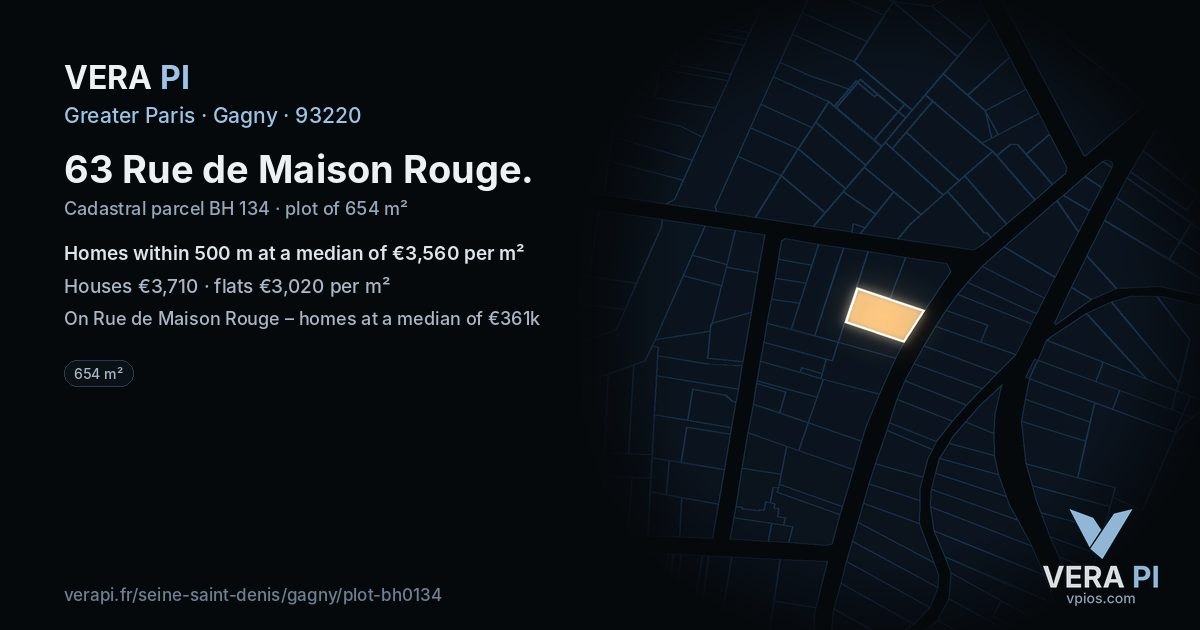 63 Rue de Maison Rouge, Gagny at night – the plot lit, the parcels around coloured by the prices near them
