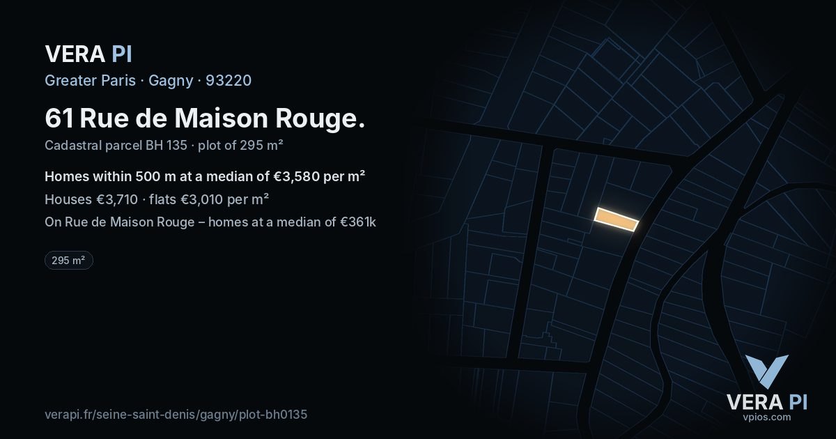 61 Rue de Maison Rouge, Gagny at night – the plot lit, the parcels around coloured by the prices near them