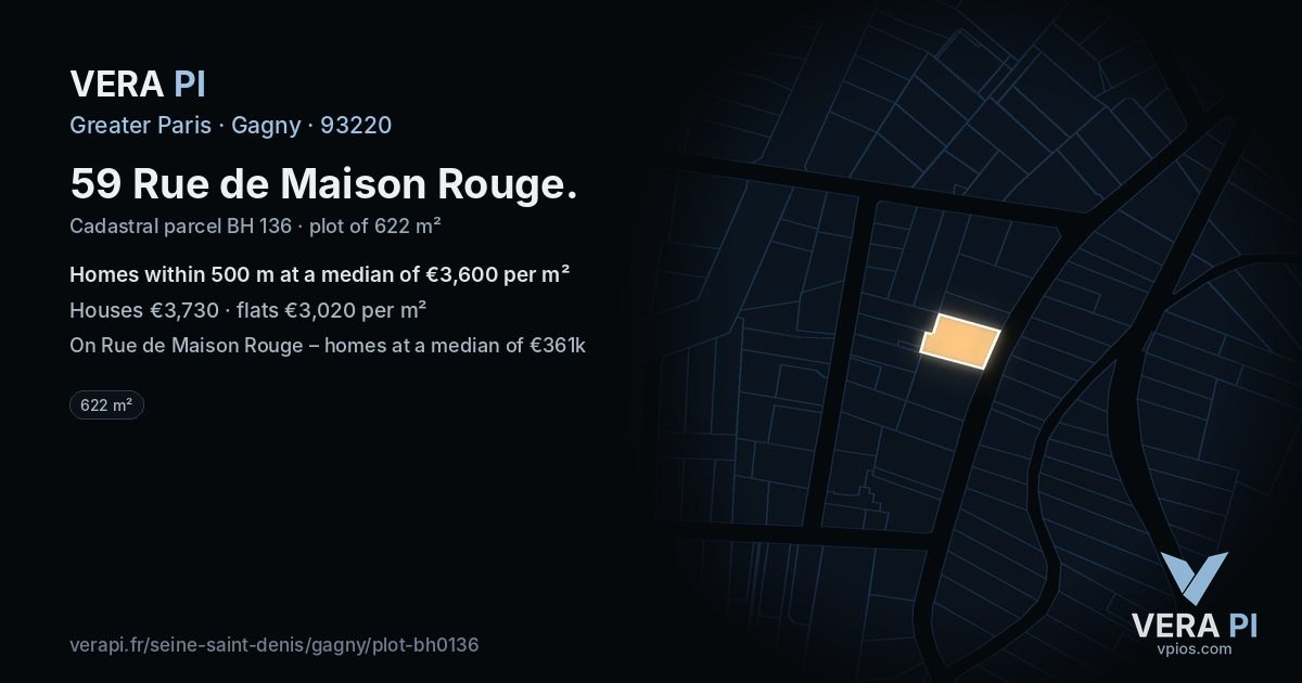 59 Rue de Maison Rouge, Gagny at night – the plot lit, the parcels around coloured by the prices near them
