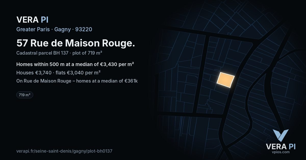 57 Rue de Maison Rouge, Gagny at night – the plot lit, the parcels around coloured by the prices near them