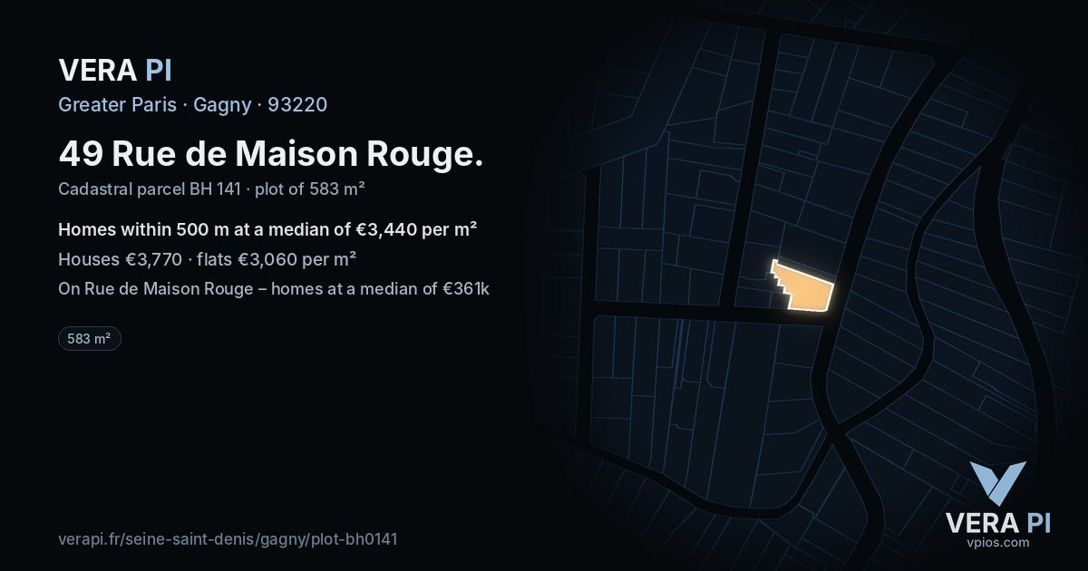 49 Rue de Maison Rouge, Gagny at night – the plot lit, the parcels around coloured by the prices near them