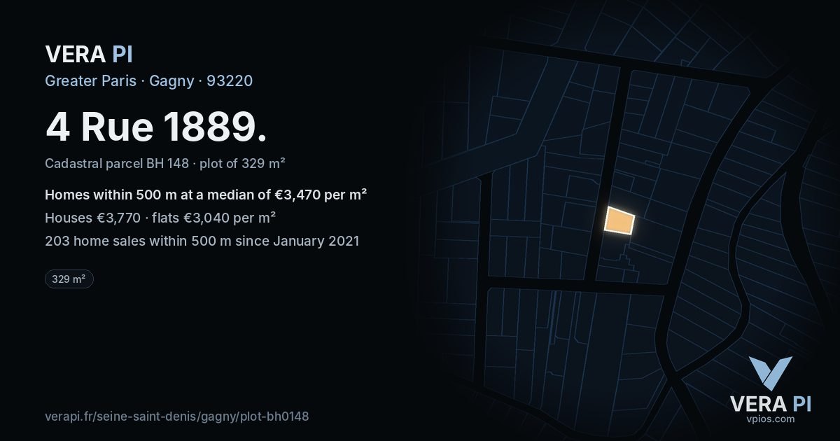 4 Rue 1889, Gagny at night – the plot lit, the parcels around coloured by the prices near them