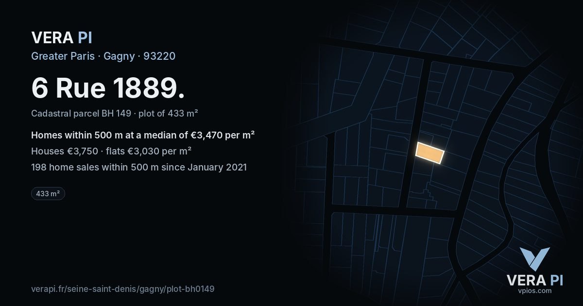 6 Rue 1889, Gagny at night – the plot lit, the parcels around coloured by the prices near them