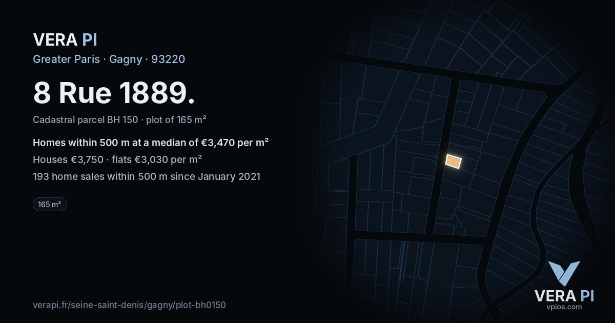 8 Rue 1889, Gagny at night – the plot lit, the parcels around coloured by the prices near them