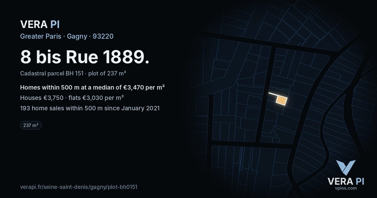 8 bis Rue 1889, Gagny at night – the plot lit, the parcels around coloured by the prices near them