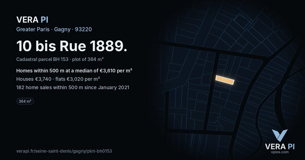 10 bis Rue 1889, Gagny at night – the plot lit, the parcels around coloured by the prices near them