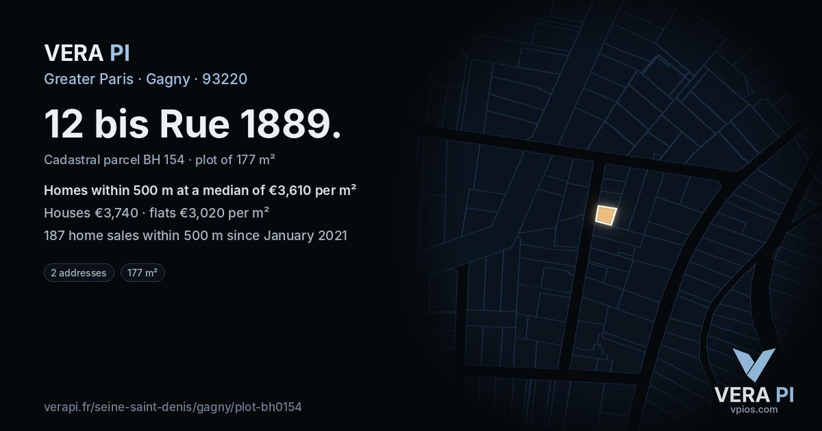 12 bis Rue 1889, Gagny at night – the plot lit, the parcels around coloured by the prices near them