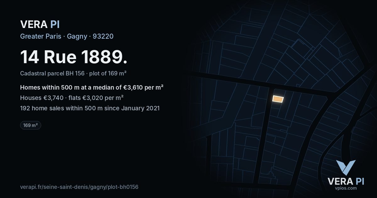 14 Rue 1889, Gagny at night – the plot lit, the parcels around coloured by the prices near them