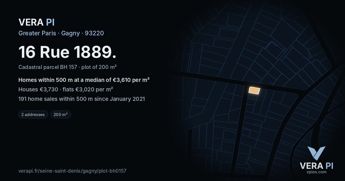 16 Rue 1889, Gagny at night – the plot lit, the parcels around coloured by the prices near them