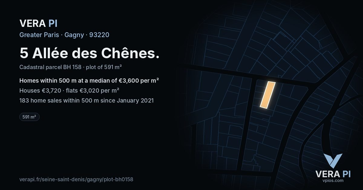 5 Allée des Chênes, Gagny at night – the plot lit, the parcels around coloured by the prices near them