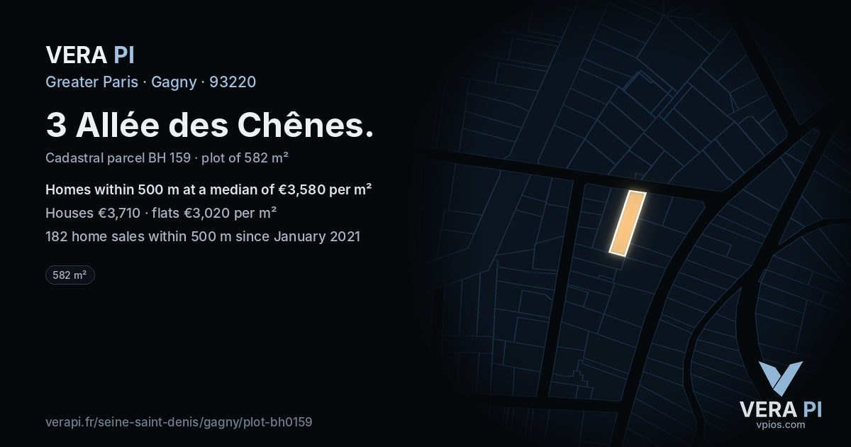 3 Allée des Chênes, Gagny at night – the plot lit, the parcels around coloured by the prices near them