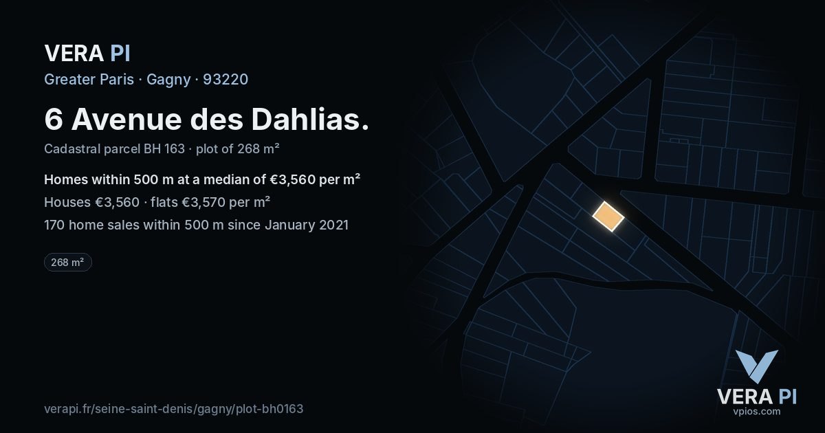 6 Avenue des Dahlias, Gagny at night – the plot lit, the parcels around coloured by the prices near them