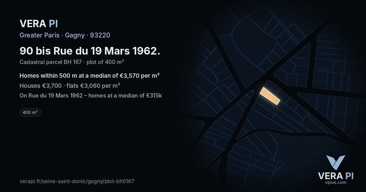 90 bis Rue du 19 Mars 1962, Gagny at night – the plot lit, the parcels around coloured by the prices near them