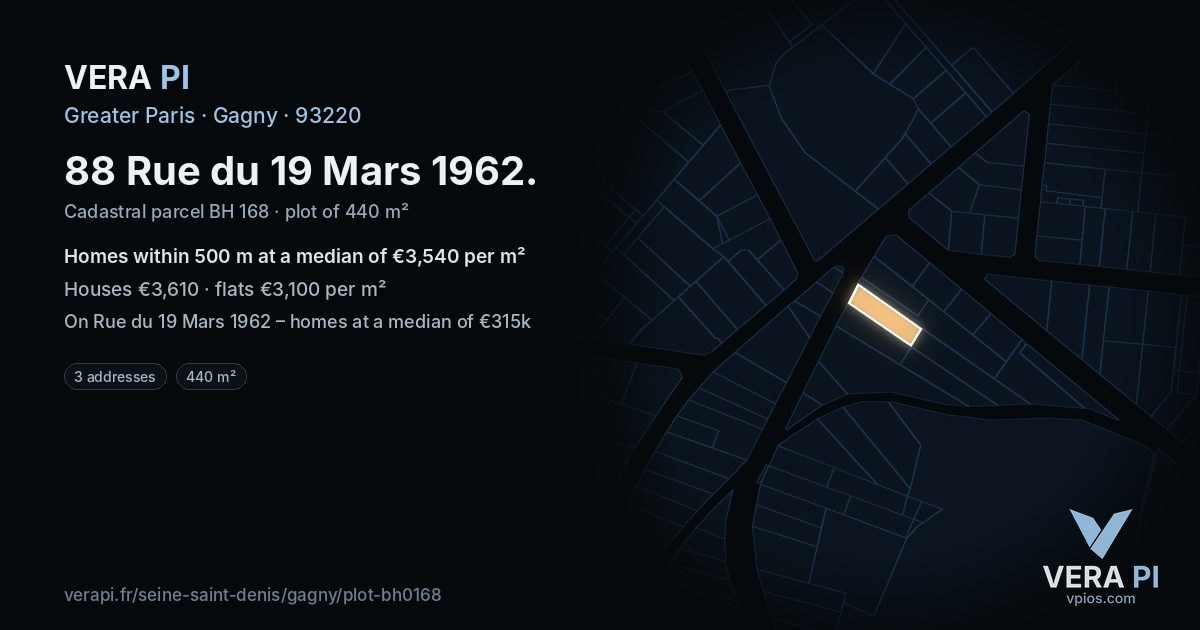 88 Rue du 19 Mars 1962, Gagny at night – the plot lit, the parcels around coloured by the prices near them