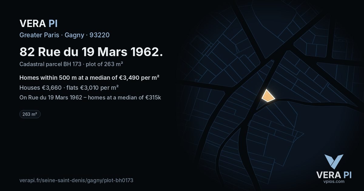 82 Rue du 19 Mars 1962, Gagny at night – the plot lit, the parcels around coloured by the prices near them