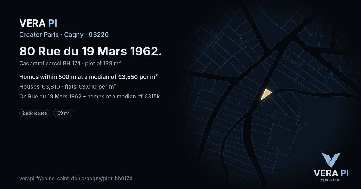 80 Rue du 19 Mars 1962, Gagny at night – the plot lit, the parcels around coloured by the prices near them