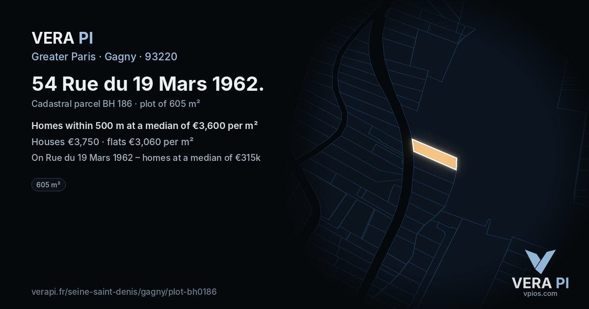 54 Rue du 19 Mars 1962, Gagny at night – the plot lit, the parcels around coloured by the prices near them