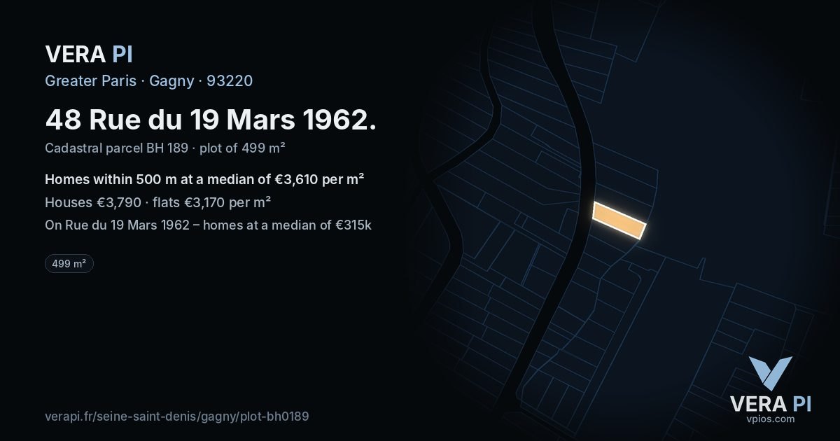 48 Rue du 19 Mars 1962, Gagny at night – the plot lit, the parcels around coloured by the prices near them