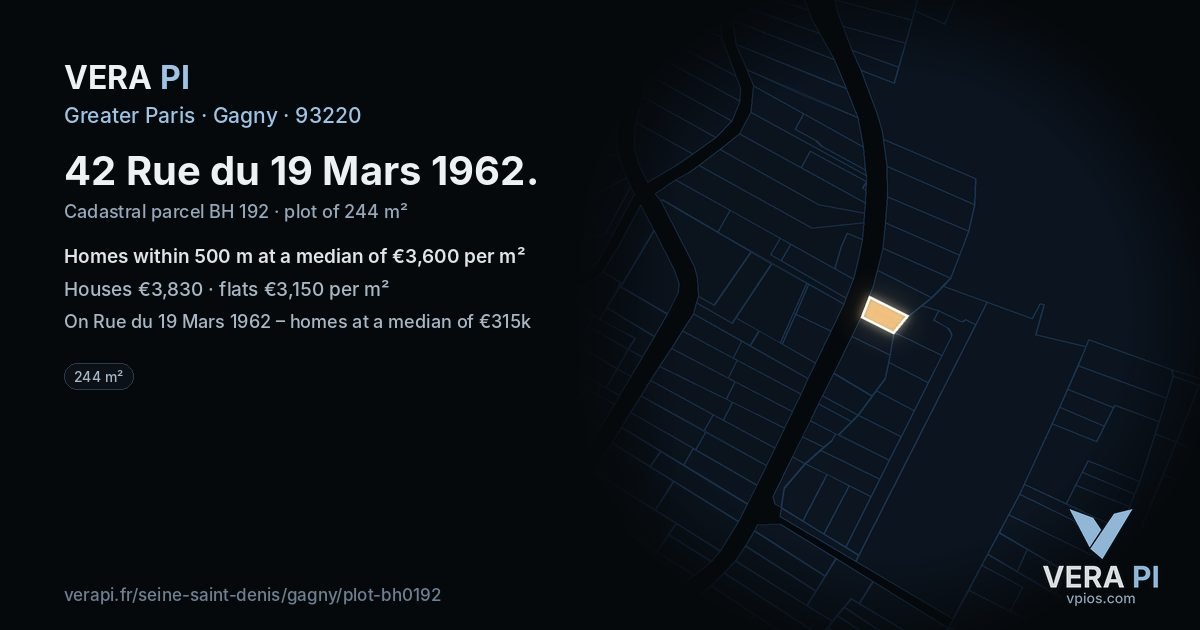 42 Rue du 19 Mars 1962, Gagny at night – the plot lit, the parcels around coloured by the prices near them