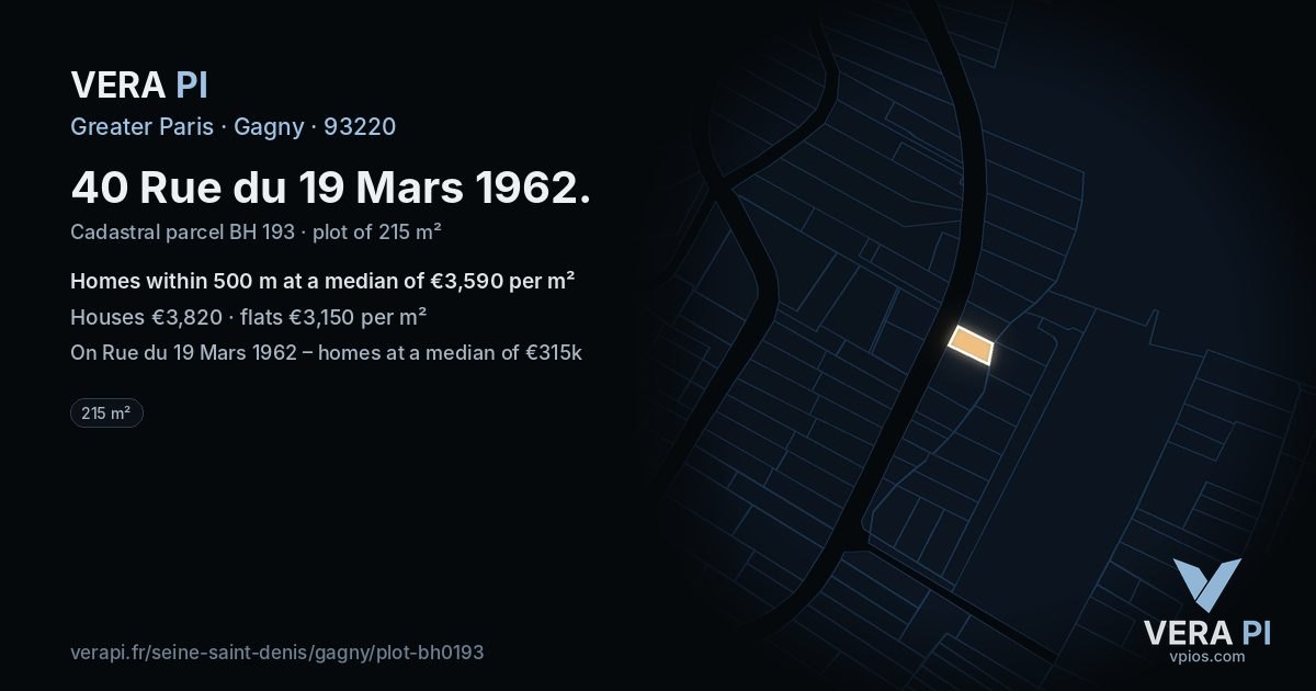 40 Rue du 19 Mars 1962, Gagny at night – the plot lit, the parcels around coloured by the prices near them