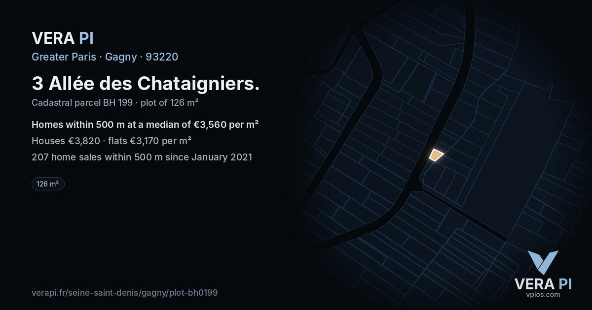 3 Allée des Chataigniers, Gagny at night – the plot lit, the parcels around coloured by the prices near them