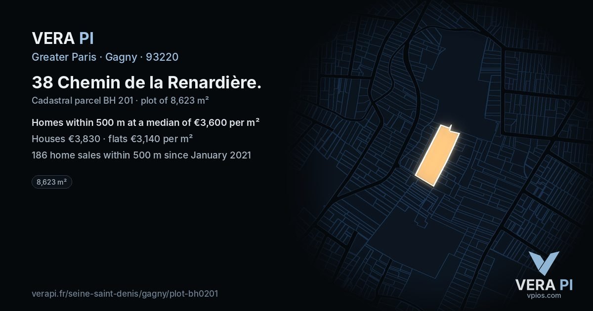 38 Chemin de la Renardière, Gagny at night – the plot lit, the parcels around coloured by the prices near them