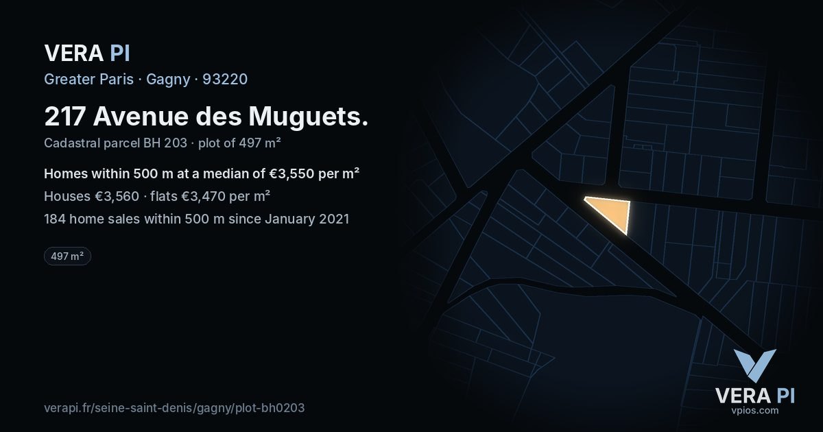 217 Avenue des Muguets, Gagny at night – the plot lit, the parcels around coloured by the prices near them